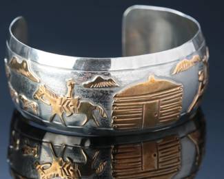 Navajo Virgil Reeder Silver & Gold Overlay Cuff Bracelet SZ: 7 Storyteller Native American Jewelry