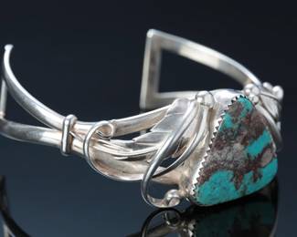 Navajo Sterling Silver & Smoky Bisbee Turquoise Cuff Bracelet SZ: 6.5 Native American Jewelry