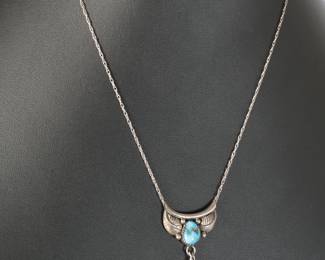 Navajo Sterling Silver & Turquoise Feather Necklace Signed ES Native American Jewelry