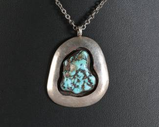 Vintage Navajo SIlver & Turquoise Shadowbox Pendant Necklace Native American Jewelry