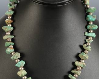 Native American Silver Bead & Turquoise Chunk Necklace.