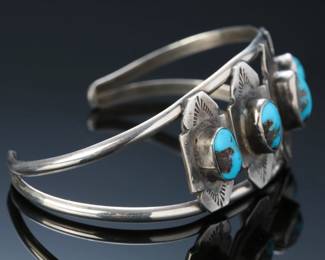 Vintage Navajo Sterling Silver & Bisbee Turquoise Cabochon Cuff Bracelet SZ: 7 Native American Jewelry