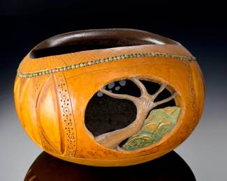 Artist Made Hand Carved Gourd Bowl SWK 2008 Distant Hills