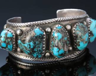 Vintage Navajo Chunky Kingman Turquoise Nugget & Sterling Silver Cuff Bracelet SZ: 7.5 Native American Jewelry