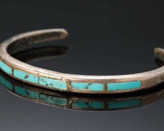 Vintage Native American Silver & Turquoise Inlay Cuff Bracelet SZ: 6