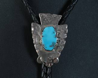 Navajo Sterling Silver & Turquoise Arrowhead Bolo Tie Native American Jewelry