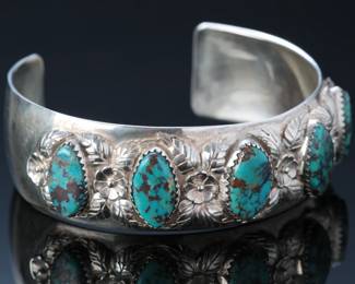 Navajo Ernest Trujillo Sterling Silver & Red Mountain Turquoise Cuff Bracelet SZ: 6.5 Native American Jewelry