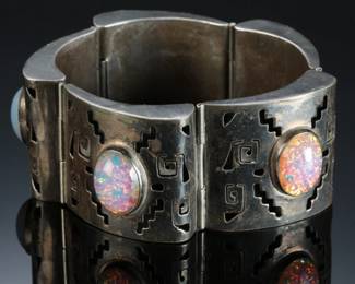 Vintage Mexican Sterling SIlver & Faux Opal Hinged Pannel Bracelet