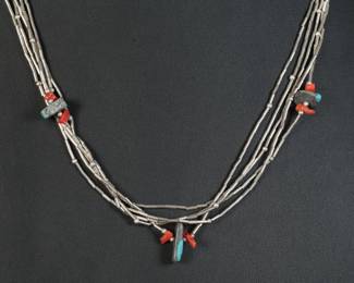 AS-IS Native American Liquid Silver 5- Strand Turquoise & Coral Necklace