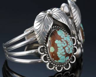 Navajo VERO Sterling Silver & Double Turquoise Stone Cuff Bracelet SZ: 6 Native American Jewelry