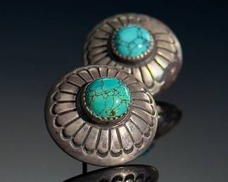 Navajo Round Concha Silver & Turquoise Earrings Native American Jewelry