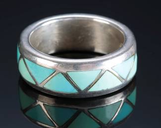 Navajo Betty Thomas Sanel Turquoise Inlay Ring SZ: 10 Native American Jewelry