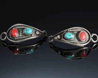 Vintage Navajo Silver Turquoise & Coral Watch Tips Native American Jewelry