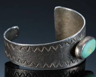 Antique Navajo Tufa Cast Silver & Turquoise Cuff Bracelet Native American Jewelry
