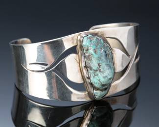 Modern Navajo Silver & Turquoise Chunk Cuff Bracelet SZ: 6.5 SIGNED SKS Native American Jewelry