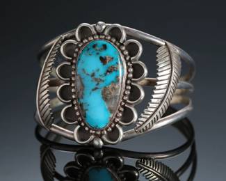Vintage Navajo Silver & Turquoise Cuff Bracelet Signed JAB Native American Jewelry