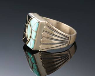 Navajo Norman Lee Turquoise & Onyx Inlay Ring SZ: 13 Native American Jewelry