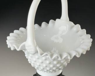 Vintage Fenton White Hobnail Milk Glass Basket Ruffled Rim Applied Handle