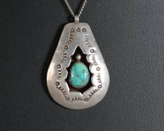 Vintage Navajo Shadowbox Silver & Turquoise Pendant Necklace Native American Jewelry