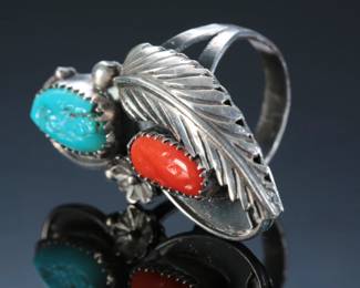 Vintage Navajo Silver Turquoise & Coral Ring Native American Jewelry