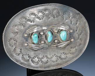 Vintage Navajo Hand Made Silver & Turquoise Belt Buckle