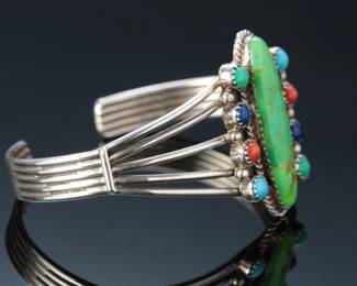 Navajo Running Bear Orville Jack Green Turquoise Coral Lapis Lazuli Cuff Bracelet SZ: 6.5 Native American Jewelry
