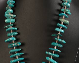Native American Graduated Turquoise Chunk & Heishi Bead Necklace 26in Long