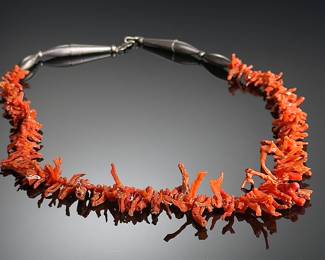 Vintage Native American Graduated Red Coral Branch & Silver Bead Necklace