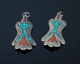 Lot of 2 Navajo Silver Turquoise & Coral Chip Inlay Peyote Bird Charms/Pendants