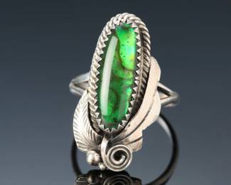 Navajo Sterling & Large Green Ammonite Ring SZ: 8 Signed Justin Morris Native American Jewelry