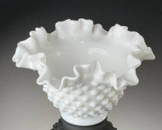 Fenton Hobnail Milk Glass Squat Vase W/ Ruffled Rim