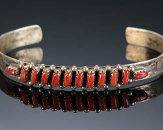 Zuni Coral Row & Silver Cuff Bracelet Native American Jewelry