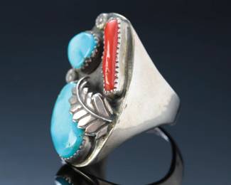 Vintage Navajo Blue Carico Lake Turquoise & Coral Ring SZ: 12.5 Native American Jewelry