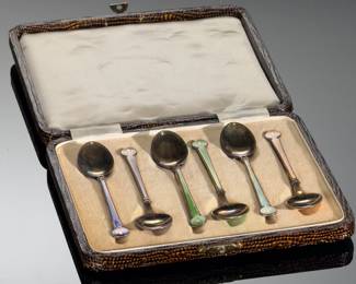 David Andersen Guilloche Enameled Sterling Silver Set of 6 Demitasse Spoons in Case Norway