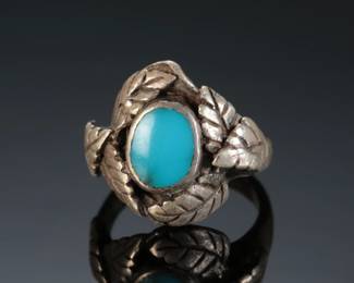 Vintage Navajo Leaf Silver & Turquoise Ring Native American Jewelry