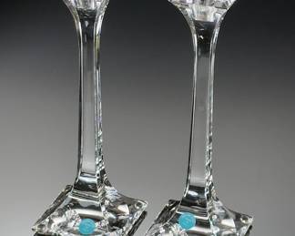 2pc Tiffany & Co Crystal Glass Candle Holder Set Tapered Column Candlesticks