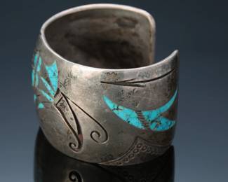 Vintage Navajo Hopi Silver Overlay & Turquoise Inlay Cuff Bracelet SIGNED SZ: 7 Native American Jewelry
