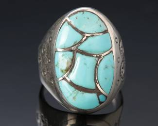 Navajo Sterling Silver Inlay Turquoise Ring SZ:10 Native American Jewelry