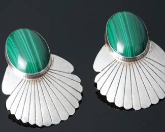 Navajo Sterling Silver LARGE Malachite Fan Earrings Post Native American Jewelry