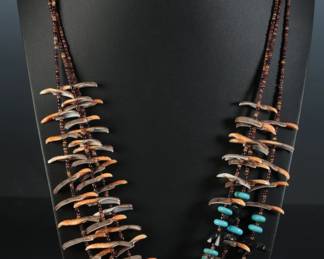 Zuni Carved Bird Shell & Jet Bear 3 Strand Heishi Beaded Necklace Native American Jewelry
