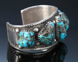 Vintage Navajo Chunky Kingman Turquoise Nugget & Sterling Silver Cuff Bracelet SZ: 7.5 Native American Jewelry