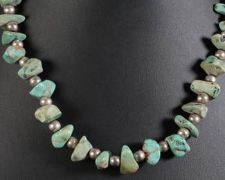 Native American Silver Bead & Turquoise Chunk Necklace.