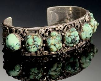Vintage Navajo Turquoise & Sterling Silver Cuff Bracelet Signed LW Native American Jewelry