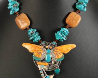 Native American Spiny Oyster Turquoise MOP Butterfly Necklace