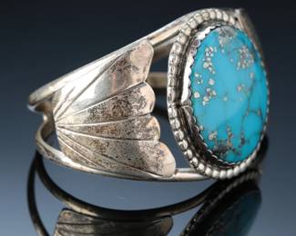 Vintage Navajo Herbert Tsosie Sterling Silver & Kingman Turquoise Cuff Bracelet SZ: 6.5 Native American Jewelry