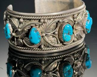 Vintage Navajo Silver & Turquoise Cuff Bracelet Signed L-R-Jake Native American Jewelry