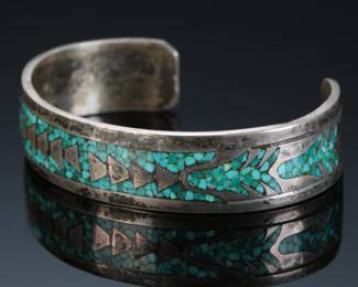Vintage Navajo Silver & Turquoise Chip Inlay Cuff Bracelet Native American Jewelry