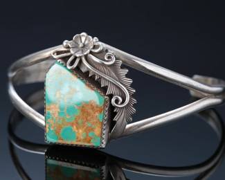Navajo Peterson Johnson Silver & Turquoise Cuff Bracelet SZ: 6.75 Native American Jewelry