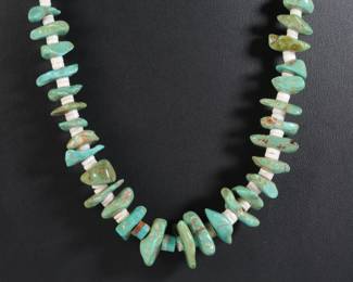 EARLY Santo Domingo Turquoise Nugget & White Heishi Bead SQUAW Necklace
