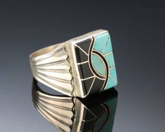 Navajo Norman Lee Turquoise & Onyx Inlay Ring SZ: 13 Native American Jewelry
